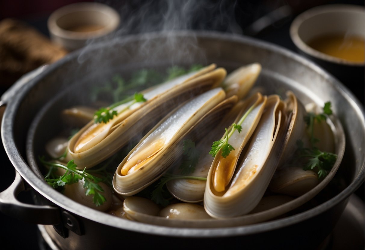 Steaming razor clams in a Chinese kitchen, with a pot of bubbling broth and a plate of fresh clams ready for cooking