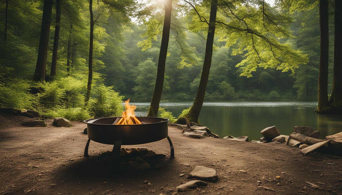 A pristine campsite in Kentucky, with a clear river, lush forest, and a designated fire pit. Leave-no-trace ethics are evident, with campers practicing environmental responsibility