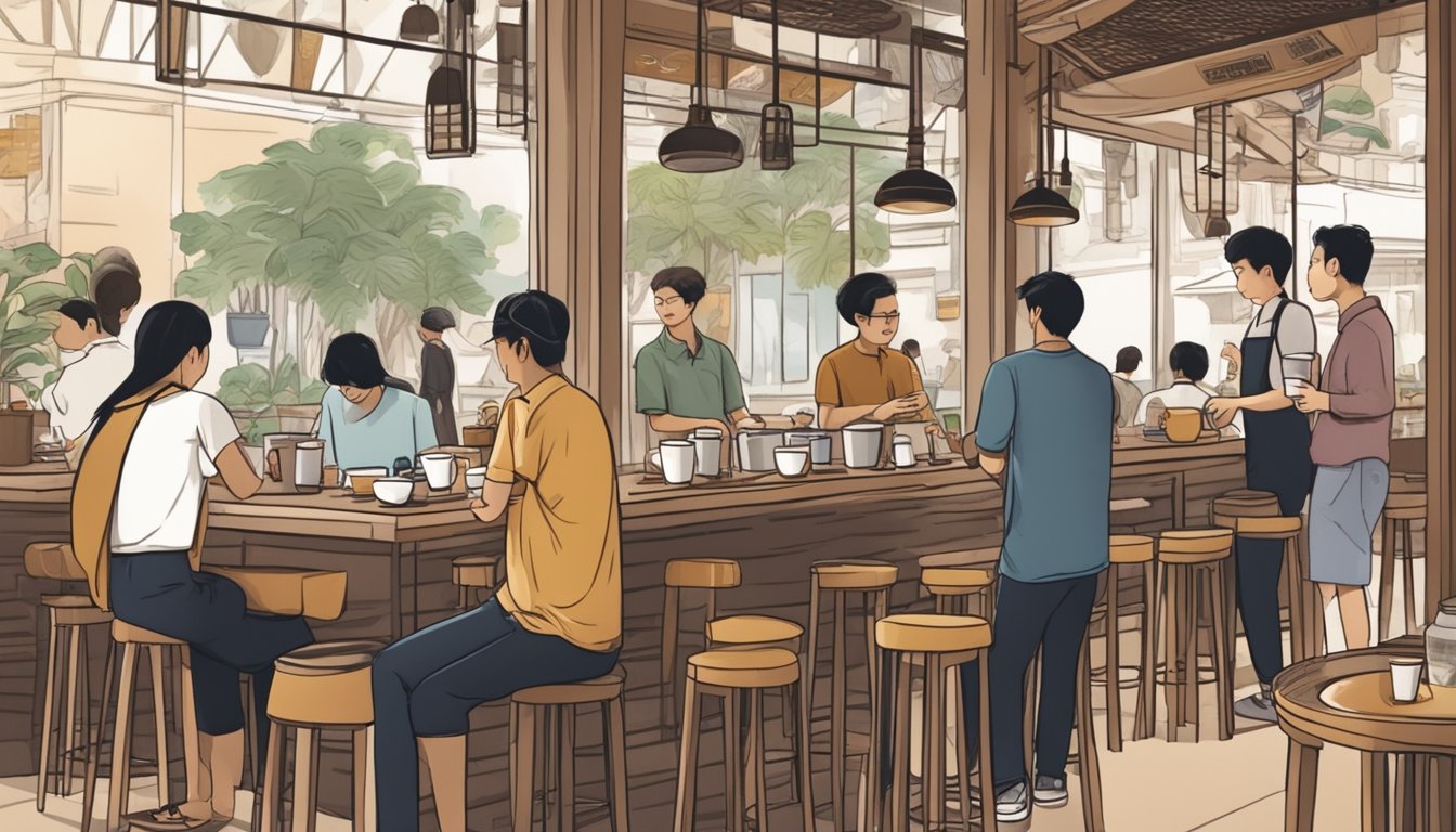 A bustling Singapore coffee shop with patrons enjoying traditional kopi and chatting, while the aroma of freshly brewed coffee fills the air