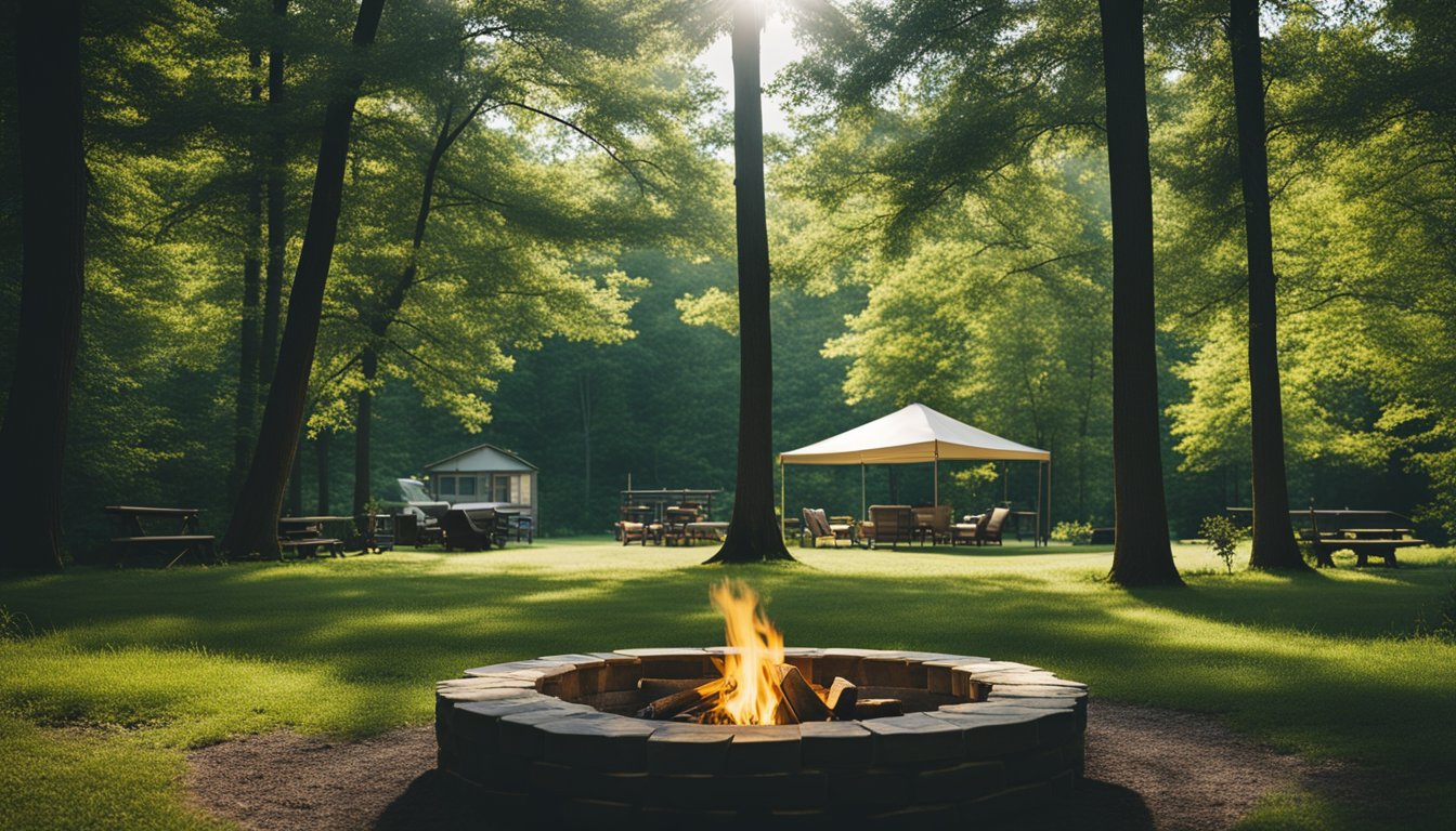 A serene Kentucky campground with a cozy fire pit, surrounded by lush greenery and towering trees, under a clear blue sky