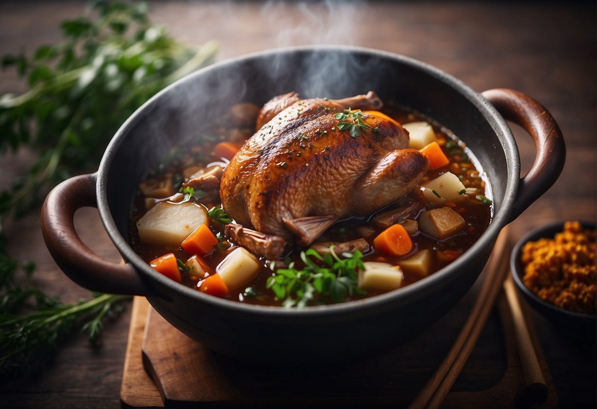 A pot of bubbling stewed duck surrounded by traditional Chinese spices and herbs