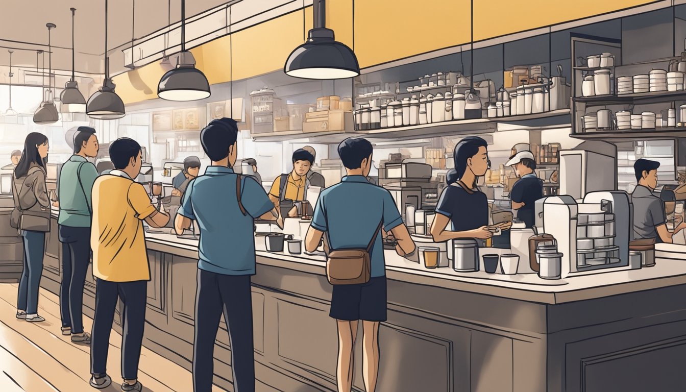 Customers line up at a bustling coffee shop in Singapore, eagerly asking questions about buying the business. The aroma of freshly brewed coffee fills the air as the baristas expertly prepare orders