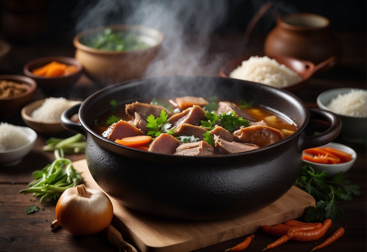 A steaming pot of stewed duck surrounded by traditional Chinese cooking ingredients, symbolizing the cultural significance of this ancient recipe