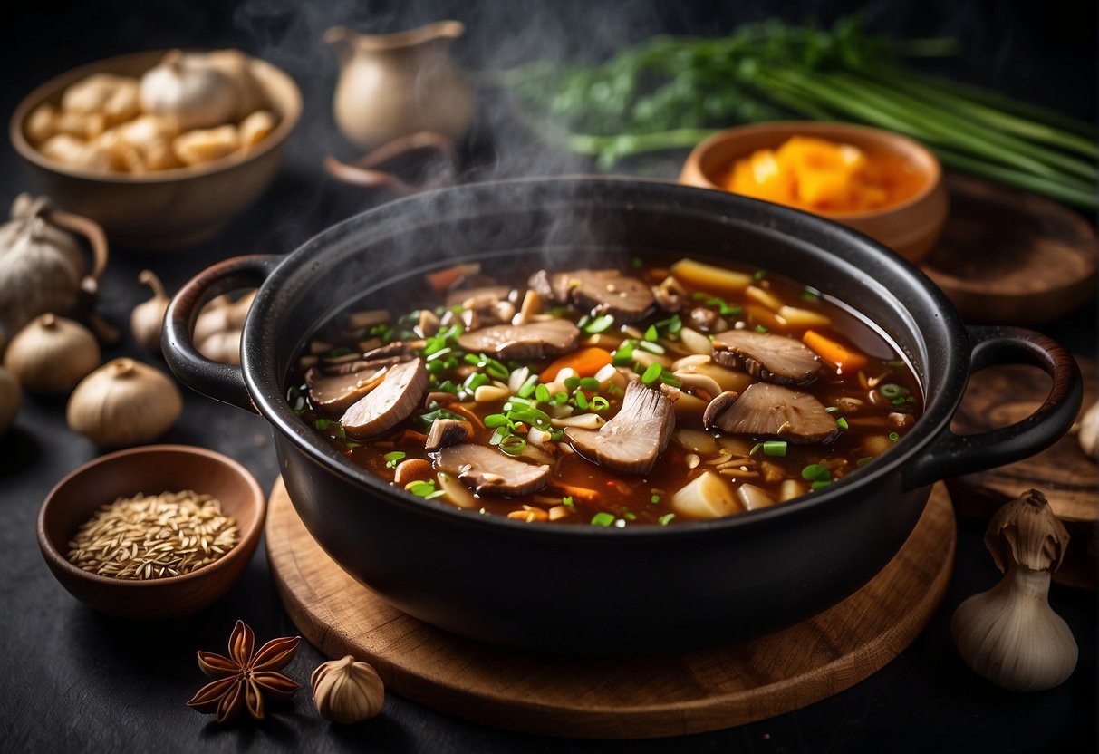 A pot simmering with duck, ginger, soy sauce, and star anise for a Chinese stew. Surrounding ingredients include garlic, green onions, and mushrooms
