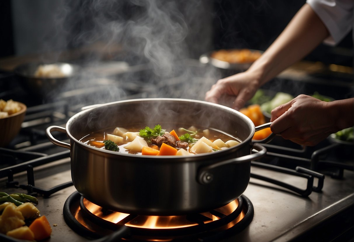 A pot simmers on a stove, steam rising as a chef stirs in soy sauce and ginger. Chunks of duck meat and vegetables float in the fragrant broth