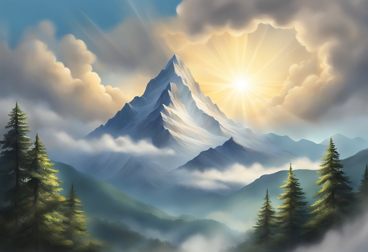 A serene mountain peak with a beam of light breaking through the clouds, symbolizing a breakthrough in discovering God's will