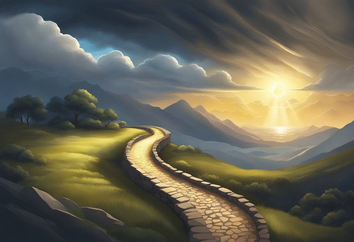 A bright light breaks through dark clouds, illuminating a winding path leading to a mysterious destination