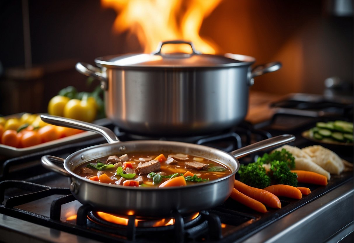 A large pot simmers on a stove, filled with chunks of tender duck, vibrant vegetables, and aromatic spices, creating a rich and flavorful Chinese stew