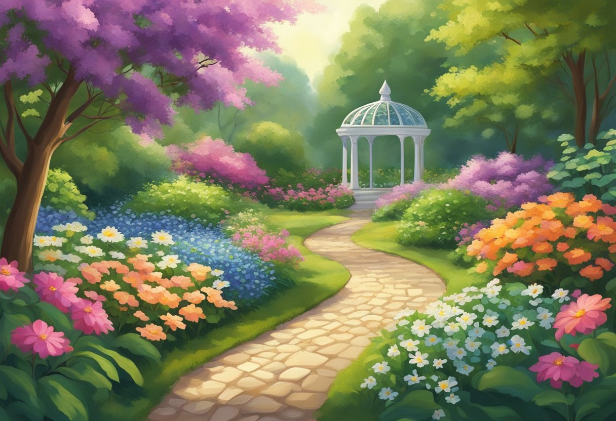 A serene garden with a path leading to a radiant light, surrounded by blooming flowers and lush greenery. A sense of peace and spiritual connection emanates from the scene
