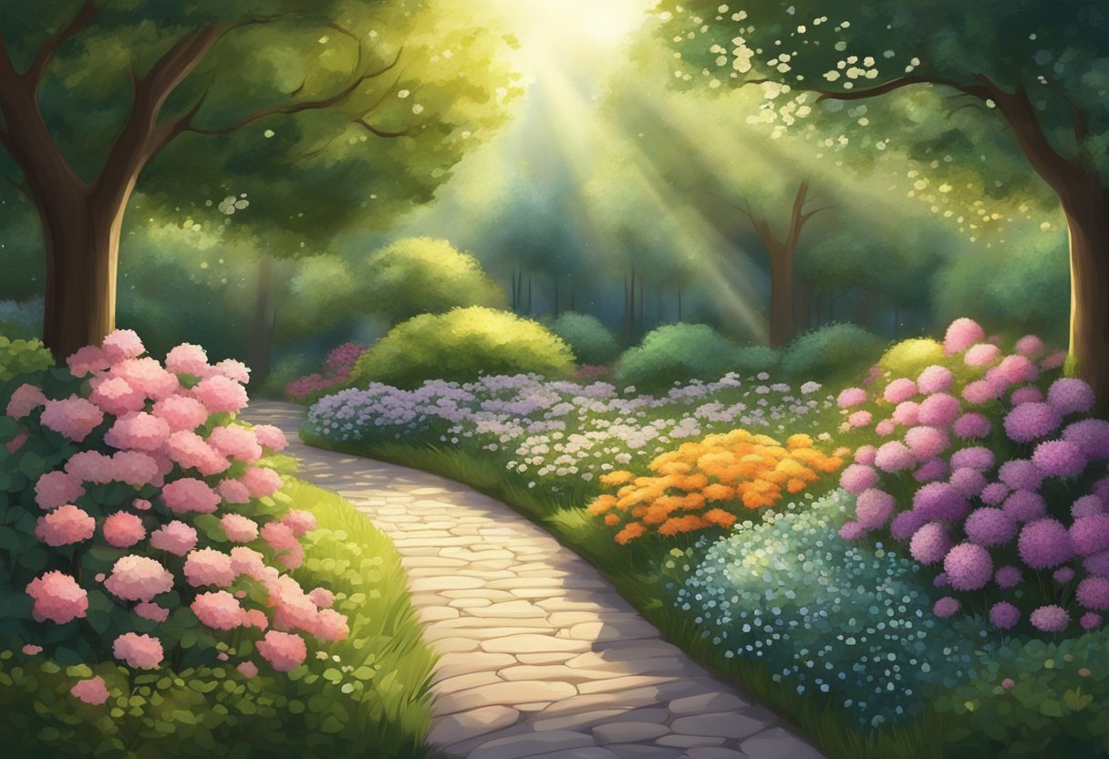 A peaceful garden with a winding path leading to a glowing light, surrounded by blooming flowers and tall trees