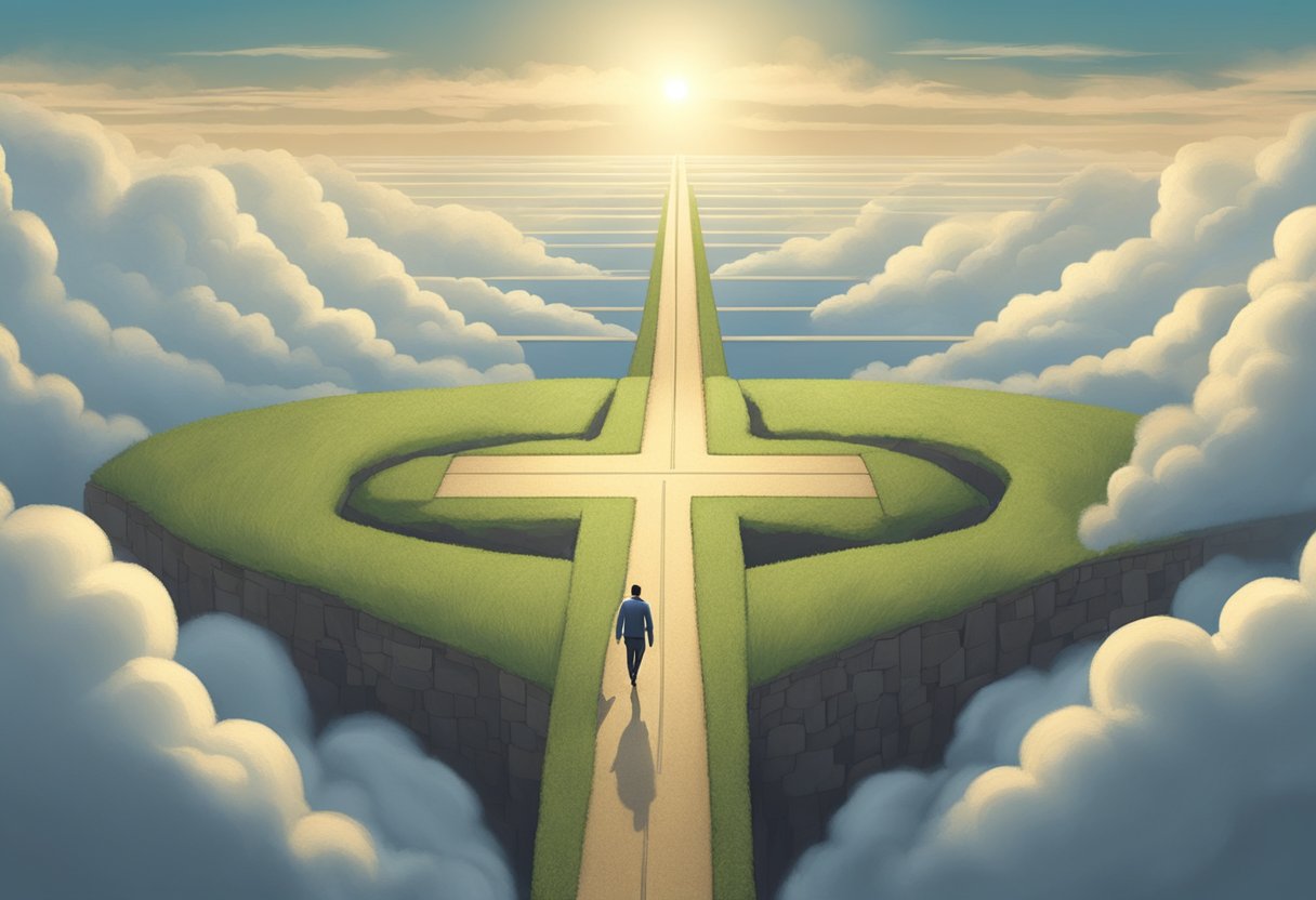A figure gazes at a crossroads, surrounded by obstacles. Light breaks through the clouds, illuminating a path forward