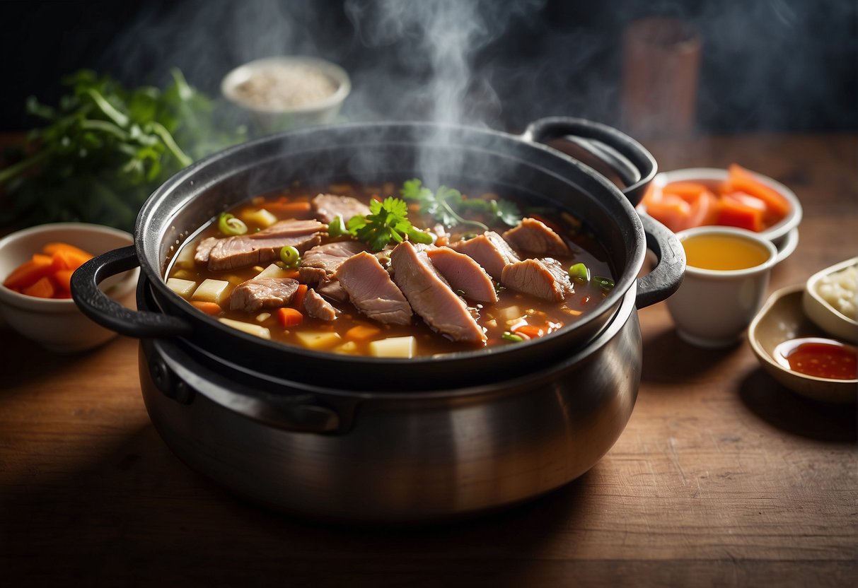 A steaming pot of Chinese stewed duck with various ingredients and a label displaying the nutritional information