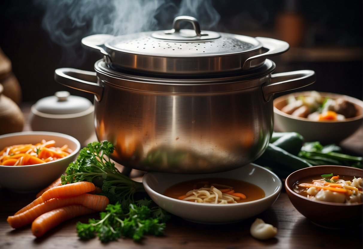 A steaming pot of stewed duck surrounded by traditional Chinese cooking ingredients and utensils