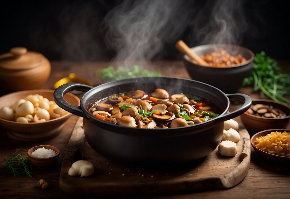 A pot simmers with savory stewed mushrooms in a fragrant Chinese sauce, surrounded by fresh ingredients and cooking utensils
