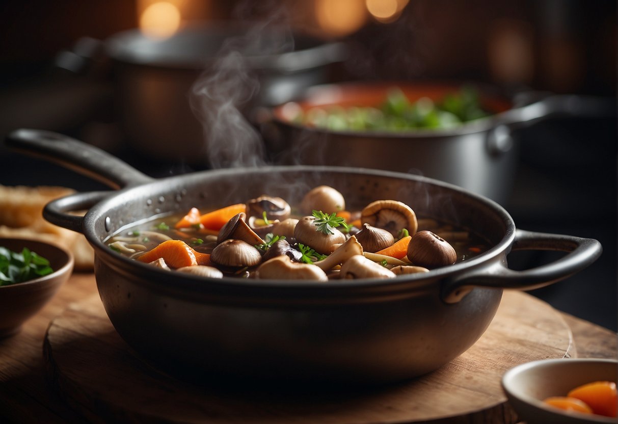 A pot simmering with essential ingredients for a mushroom Chinese stew recipe