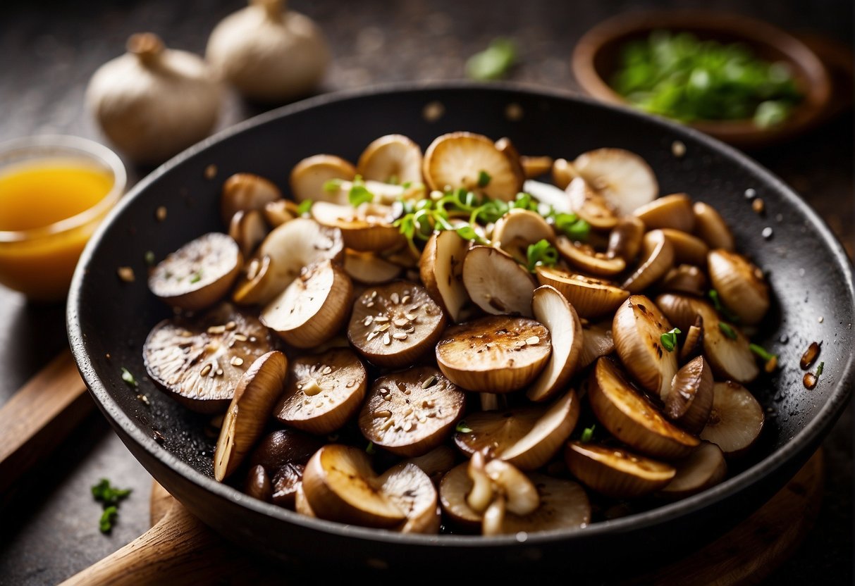 Sliced mushrooms, ginger, and garlic sizzling in a wok. Soy sauce and spices ready on the countertop