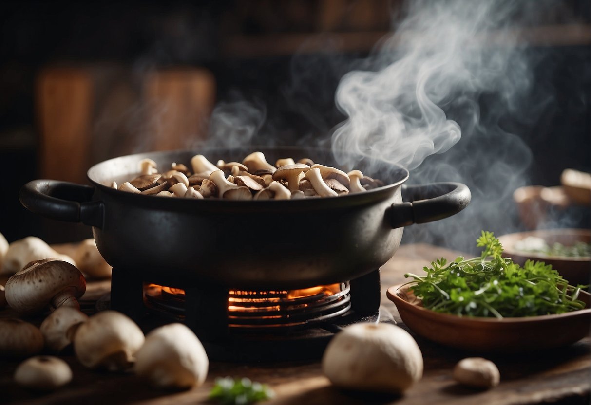 Mushrooms and other ingredients are being stirred in a pot over a hot stove, emitting fragrant steam. Chinese recipe ingredients are laid out nearby