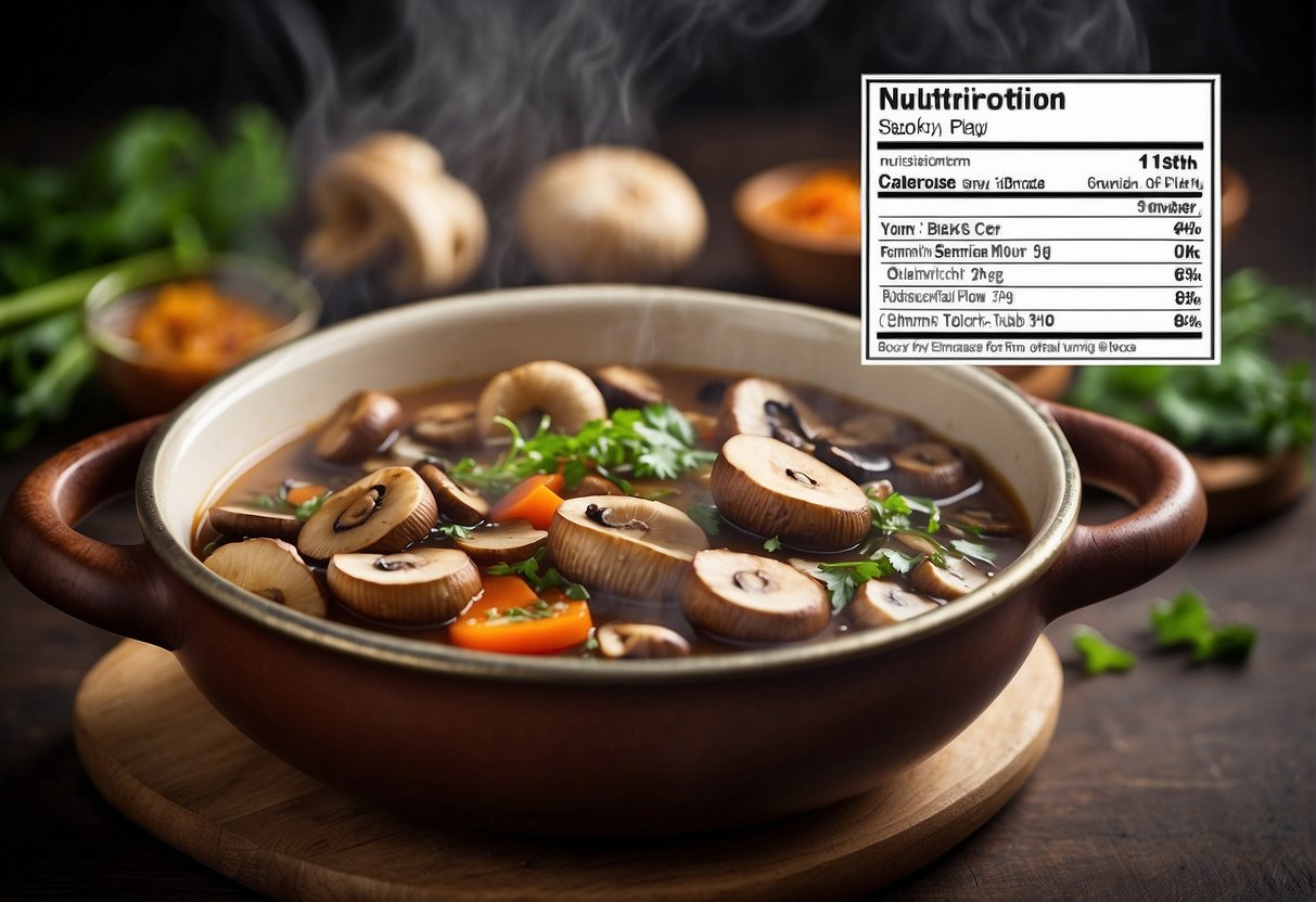 A steaming pot of Chinese mushroom stew with a label displaying its nutritional information