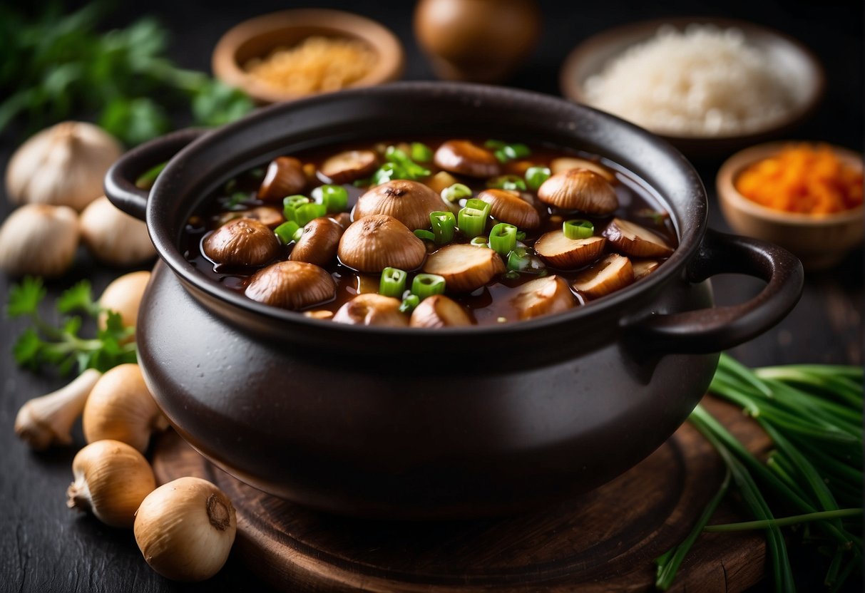 A pot of stewed mushrooms simmering in a savory Chinese sauce, surrounded by ingredients like ginger, garlic, and green onions