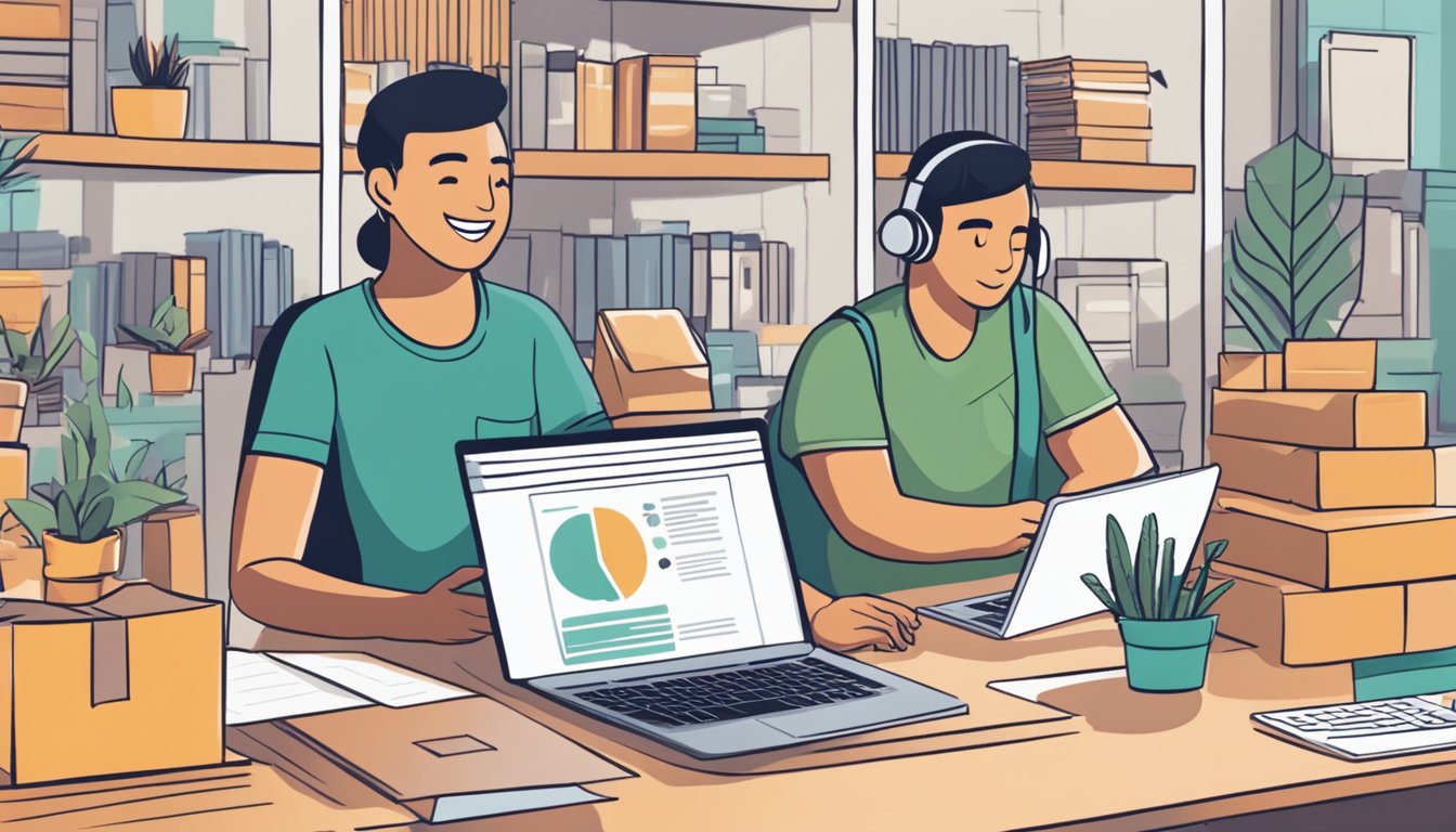Customers browsing ubuy Singapore's FAQ page, with a laptop and various items on a desk. The page features common questions and answers about purchasing from the online store