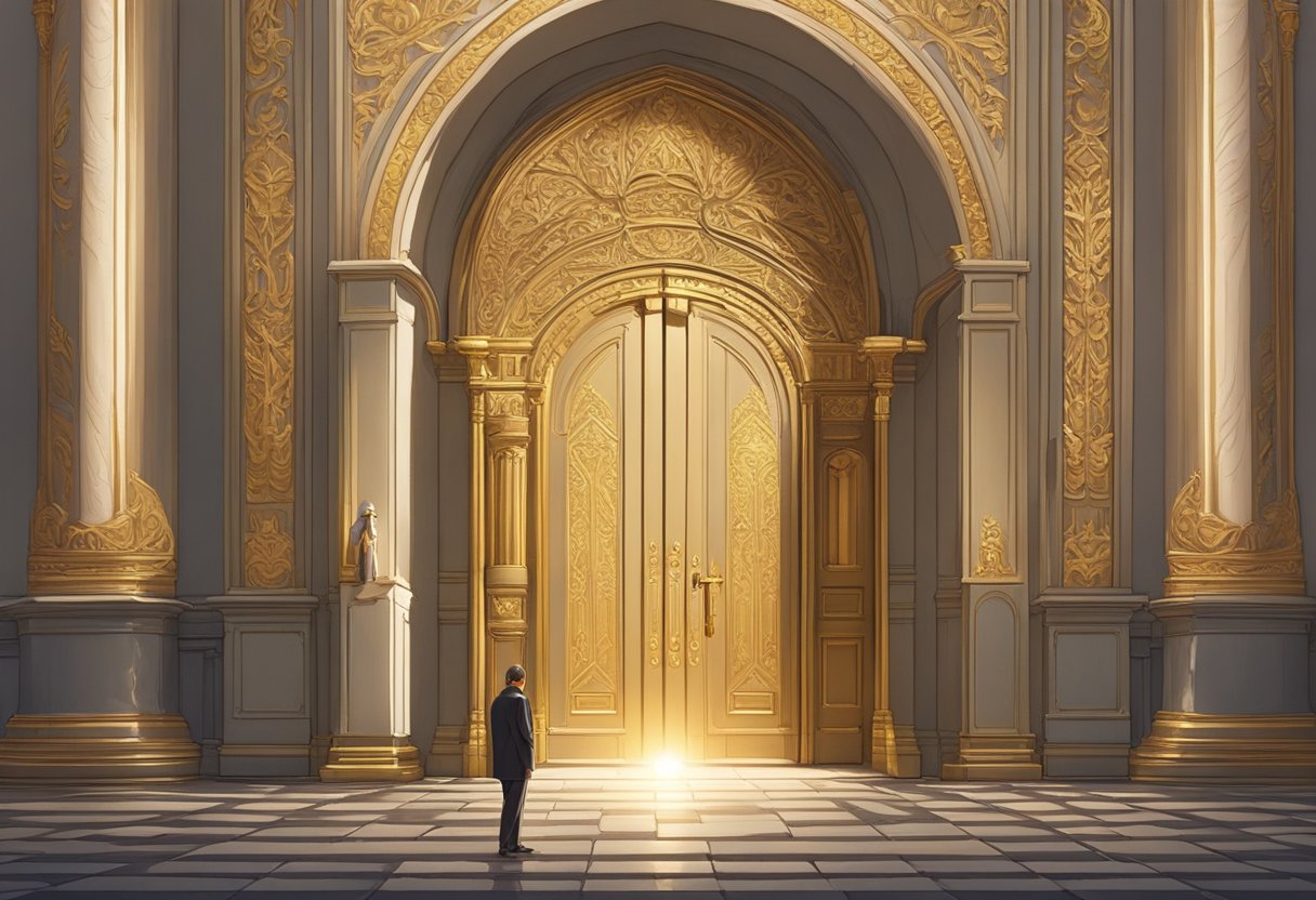 A figure stands before a grand, ornate door, bathed in soft, golden light. Their head is bowed in prayer, surrounded by a sense of reverence and hope