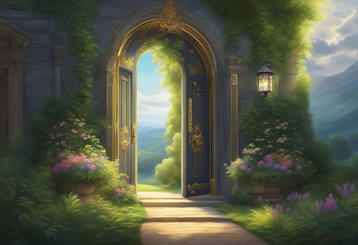 A radiant beam of light breaks through dark clouds, illuminating a path towards a grand, ornate door. The surrounding landscape is lush and vibrant, evoking a sense of divine favor and open doors