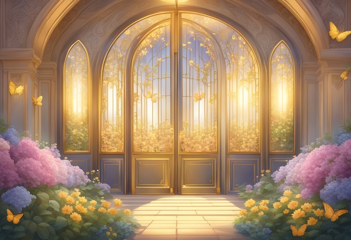 A radiant beam of light shining down on a set of grand, ornate doors, surrounded by blooming flowers and fluttering butterflies