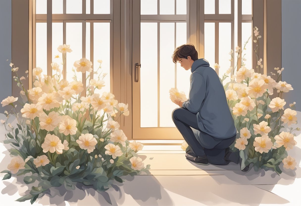 A figure kneels in a beam of light, surrounded by open doors and blooming flowers, with a sense of anticipation and hope