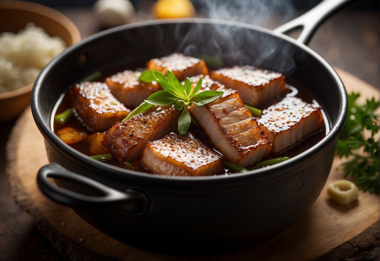 Pork belly simmers in soy sauce, ginger, and star anise. Steam rises from the pot, filling the air with rich, savory aroma