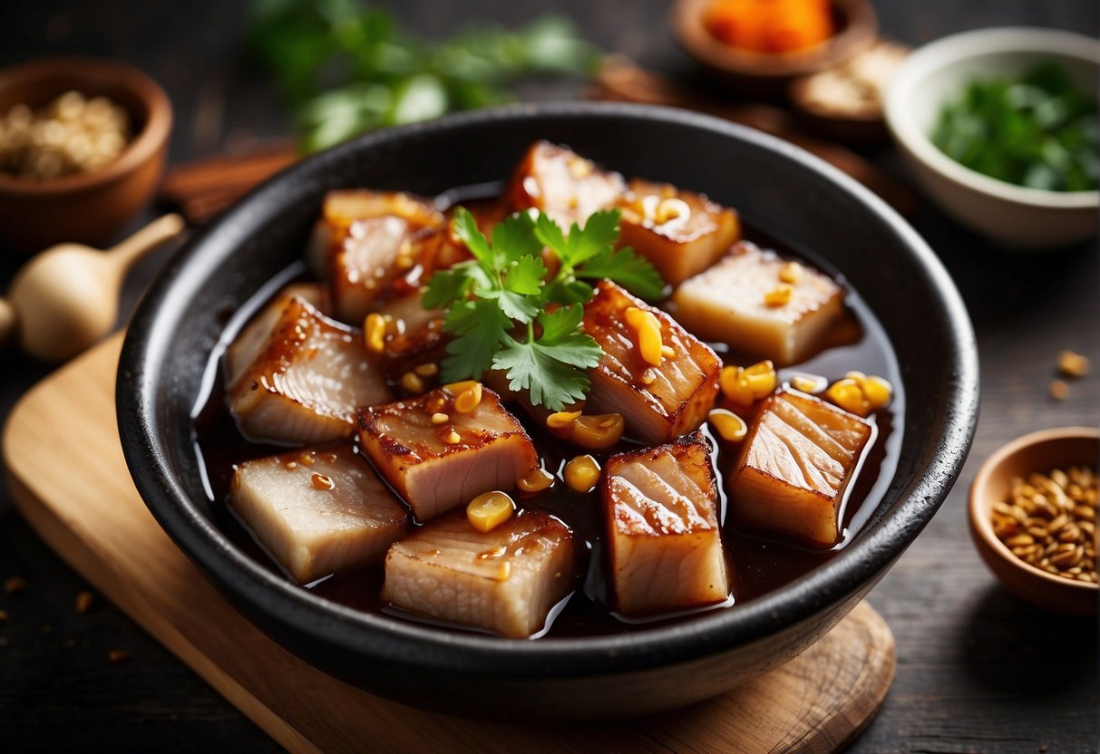 Slices of pork belly simmer in a fragrant mixture of soy sauce, ginger, and star anise, creating a rich and savory stew
