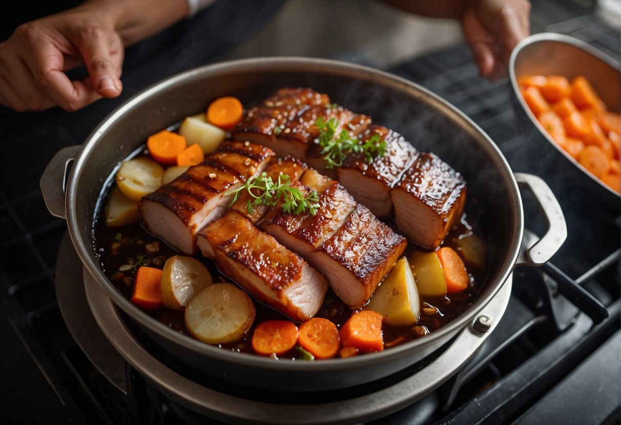 Pork belly being marinated in soy sauce, ginger, and garlic. Onions and carrots being chopped. A pot of braising liquid simmering on the stove