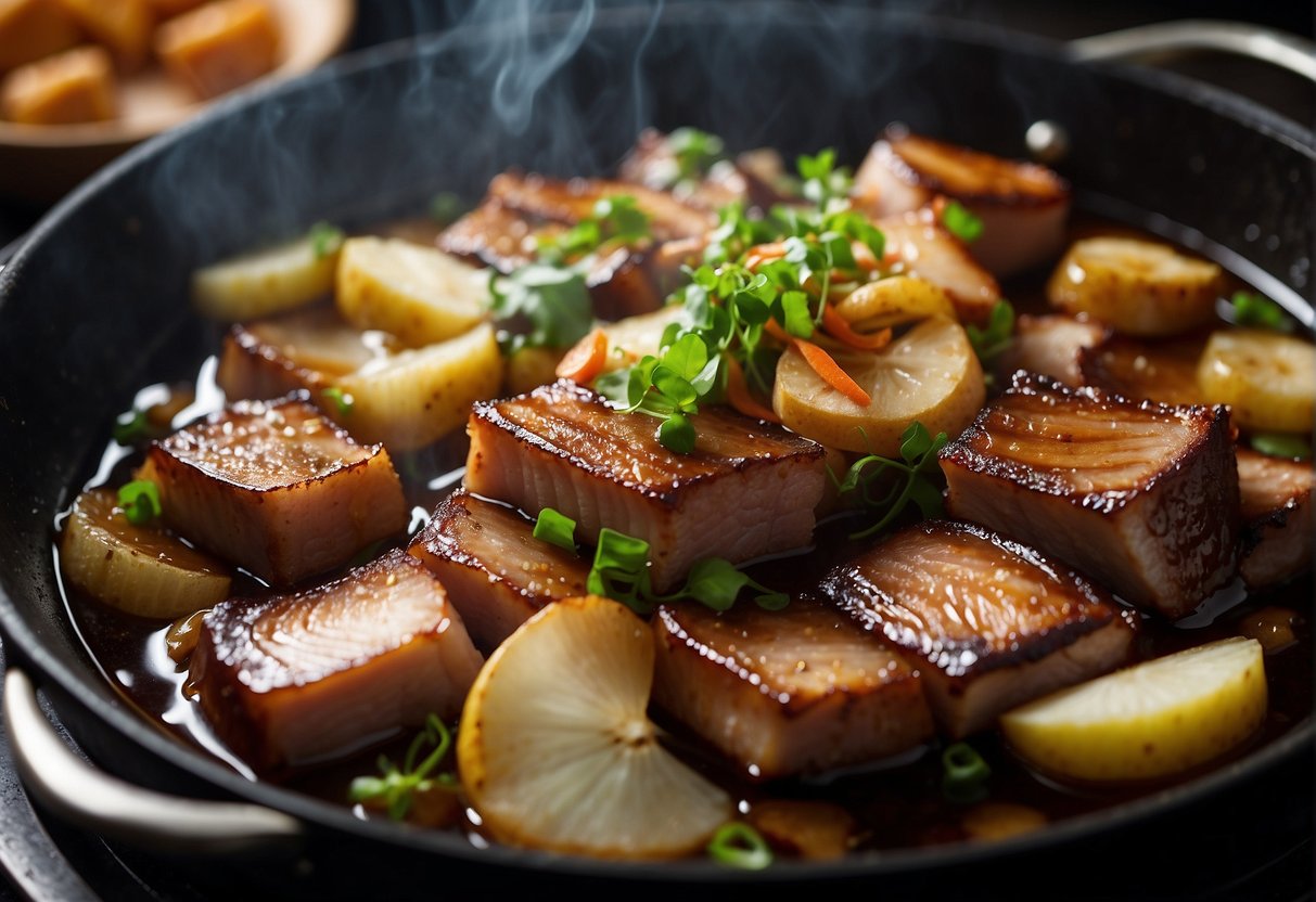 Pork belly simmers in soy sauce, ginger, and star anise. Onions and garlic sizzle in a wok. Steam rises from the bubbling pot