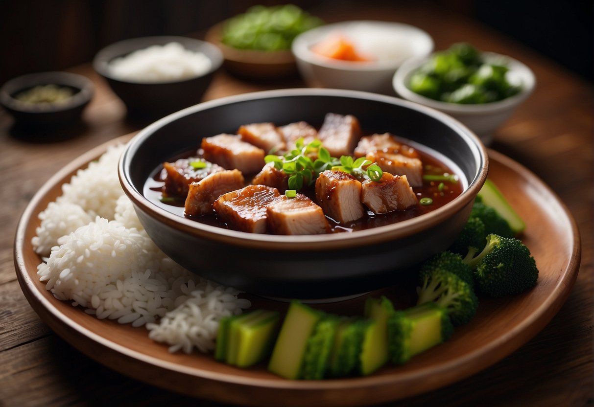 A steaming pot of stewed pork belly sits on a rustic wooden table, surrounded by small dishes of pickled vegetables and steamed rice. A pair of chopsticks rests on a delicate porcelain plate next to the meal