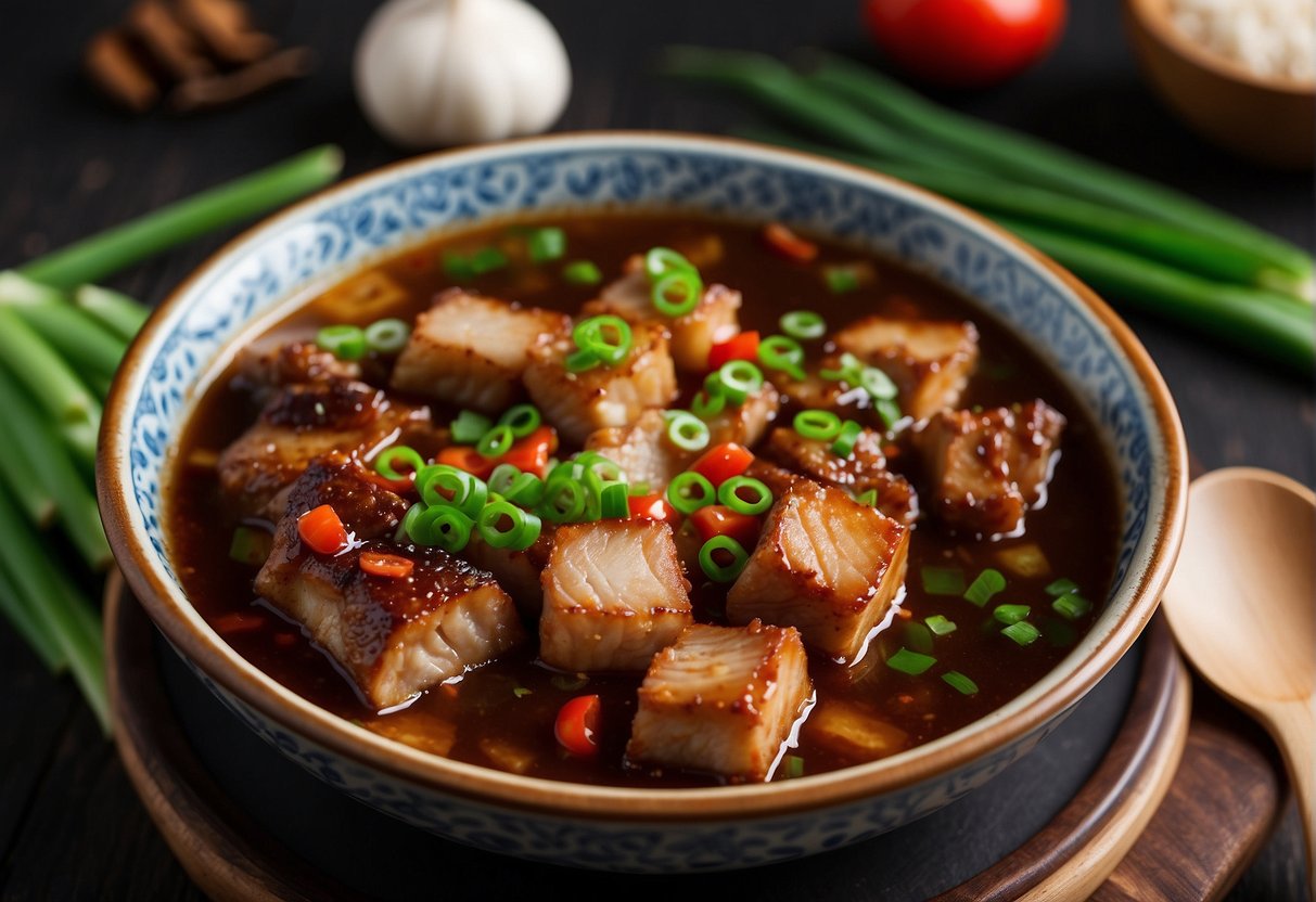 A pot of stewed pork belly simmers with soy sauce, ginger, and garlic. Green onions and chili peppers garnish the savory dish