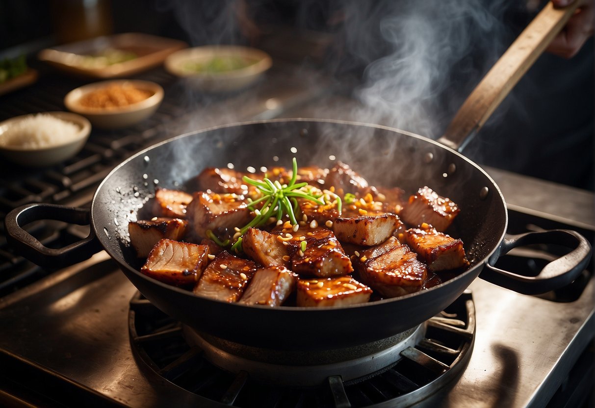 A sizzling wok with chunks of pork belly, simmering in a fragrant mixture of soy sauce, ginger, garlic, and spices. Steam rising from the bubbling sauce as the meat caramelizes and browns