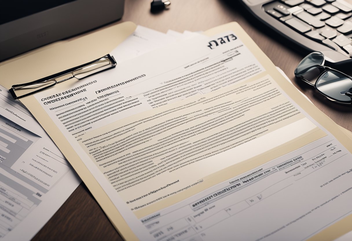 A legal document with "Considerações Legais e Regulamentações empréstimo fgts pix" prominently displayed on a desk, surrounded by paperwork and a computer