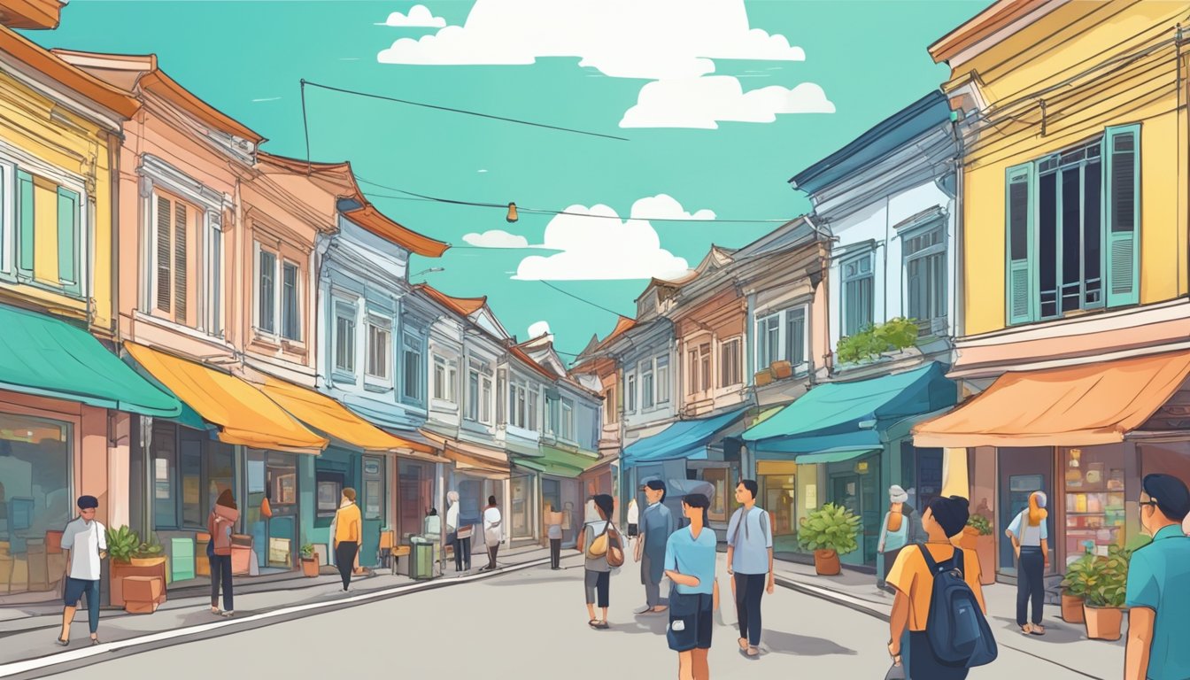A bustling street in Singapore, with colorful shophouses lining the road. A foreigner is seen talking to a local real estate agent, discussing investment opportunities