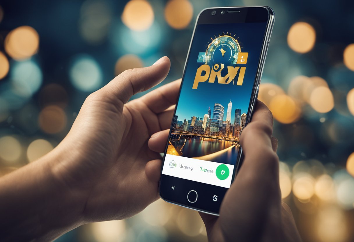 A hand holding a smartphone with a Pix logo, while money transfers instantly in a dynamic market setting