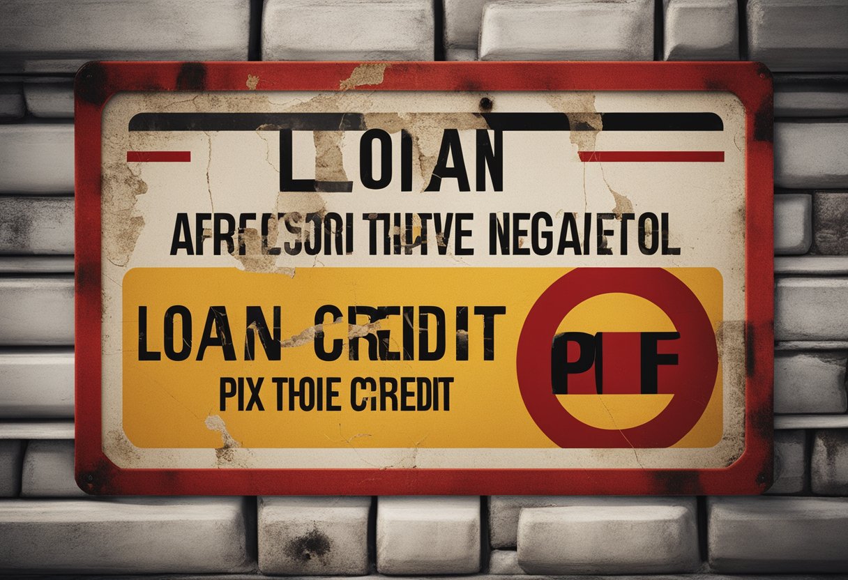 A caution sign with "Loan via Pix for those with negative credit" in Portuguese, surrounded by warning symbols and red lines