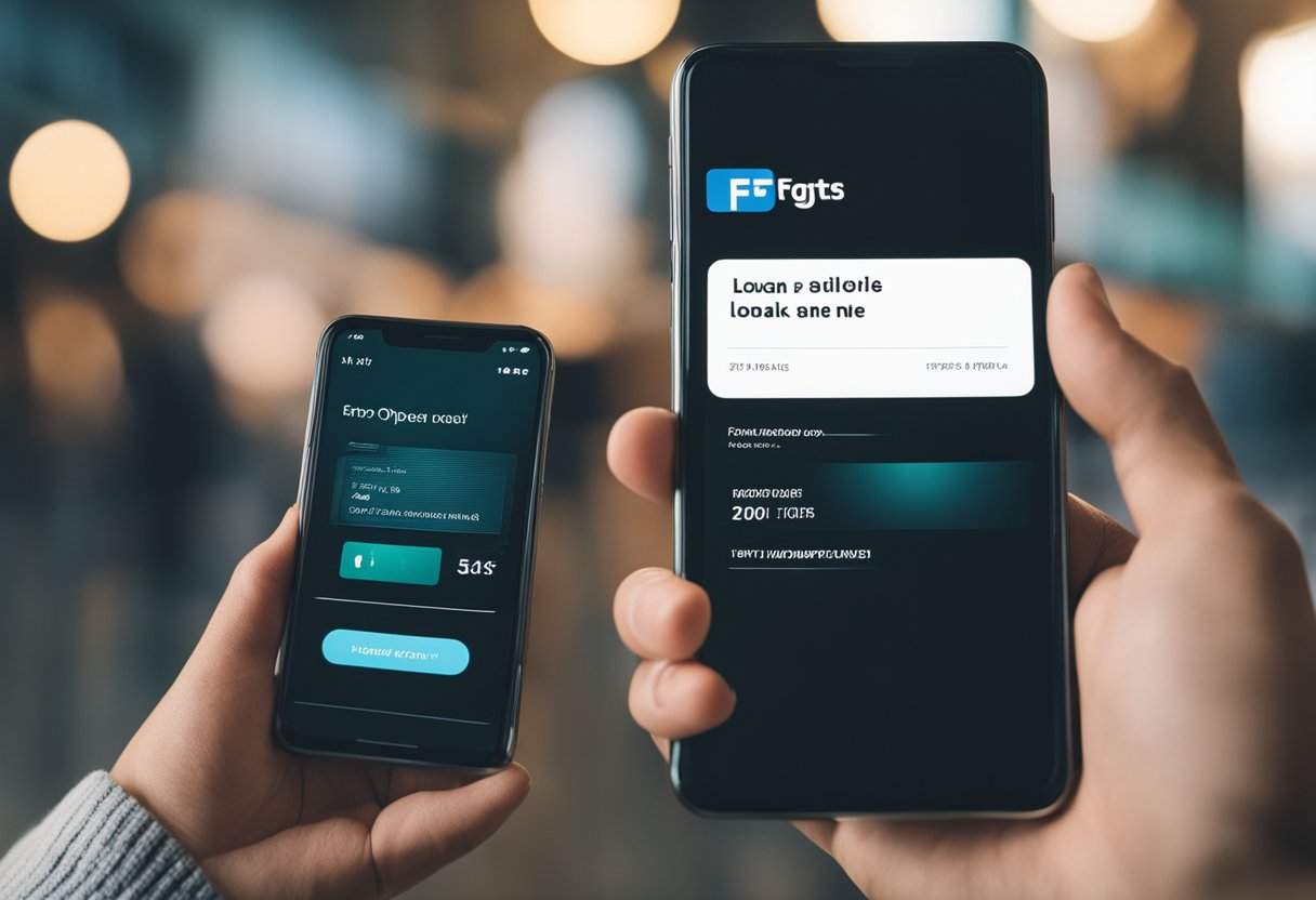 A hand holding a phone with the FGTS loan app open, while a Pix transaction is being made