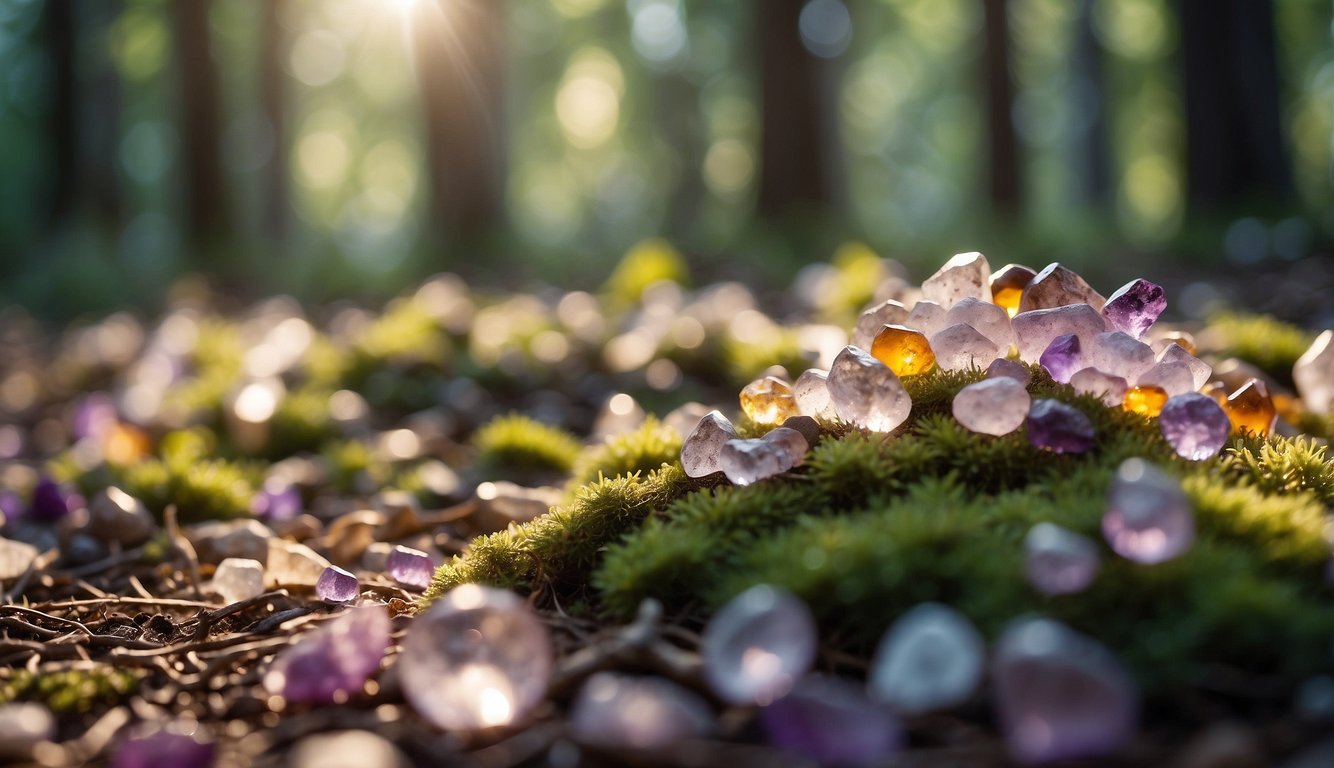 A serene forest glade, sunlight filtering through the trees, with clusters of amethyst, rose quartz, and citrine crystals scattered on the ground