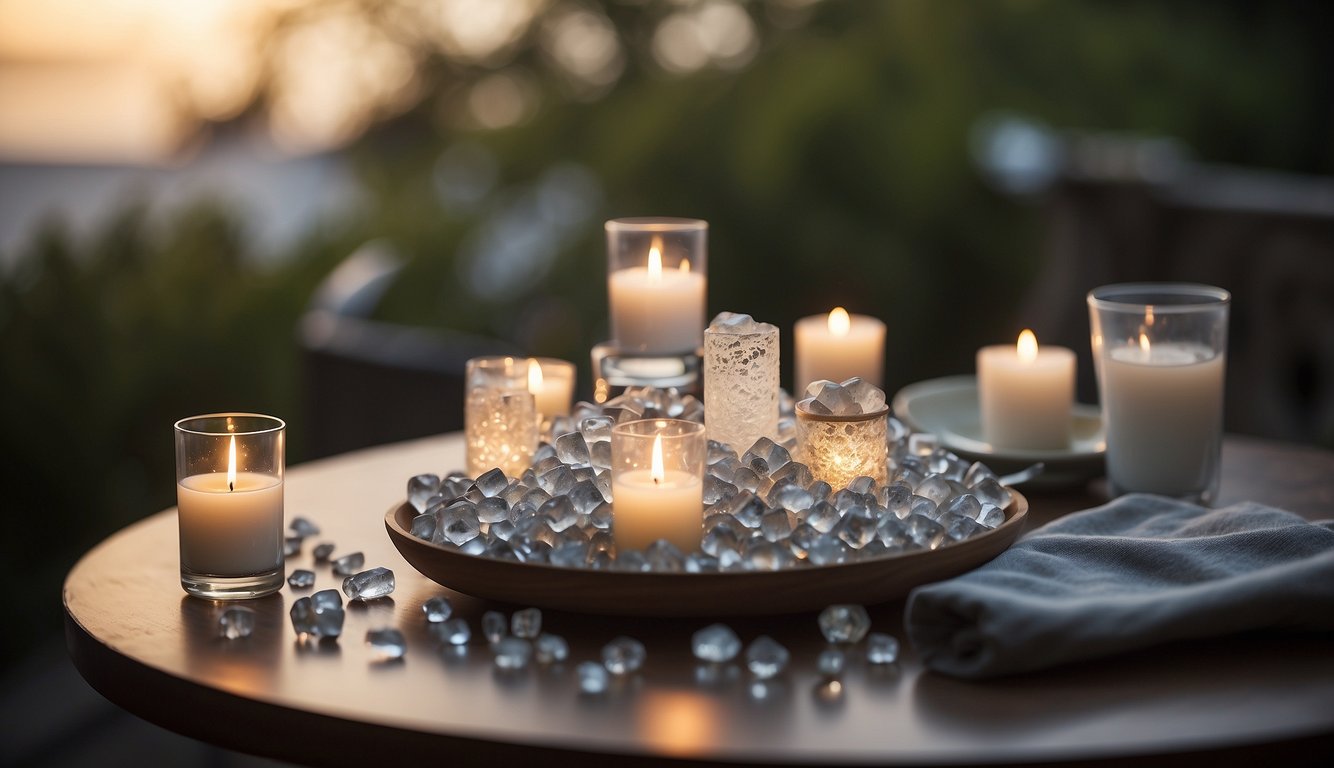 A serene setting with calming crystals arranged on a table, surrounded by soft lighting and a peaceful atmosphere