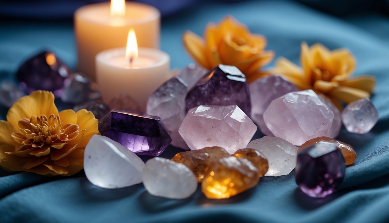 A serene scene with amethyst, rose quartz, and citrine crystals arranged on a calming blue cloth, surrounded by soft candlelight