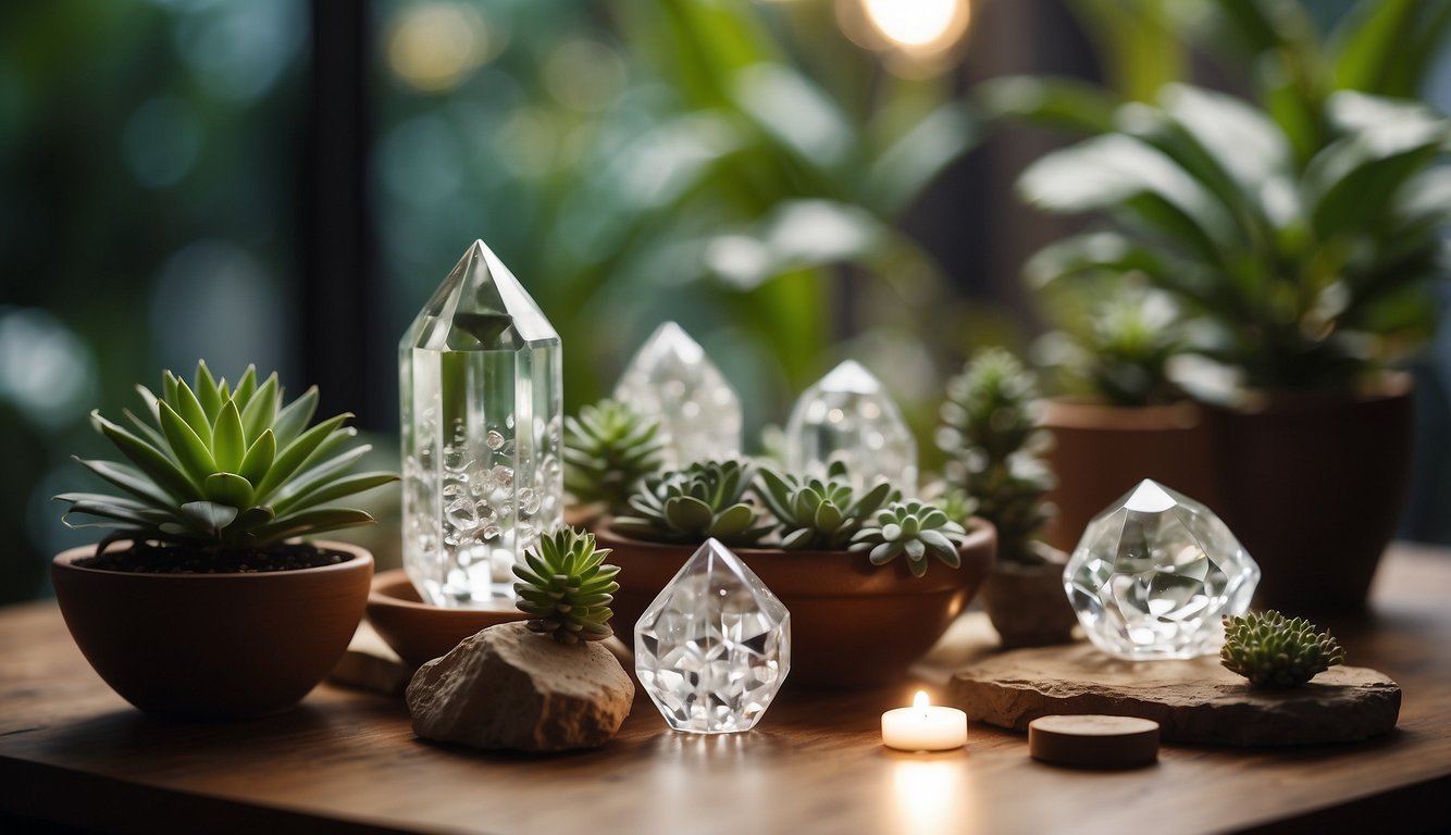 A serene setting with various crystals arranged on a table, surrounded by calming elements like plants and soft lighting