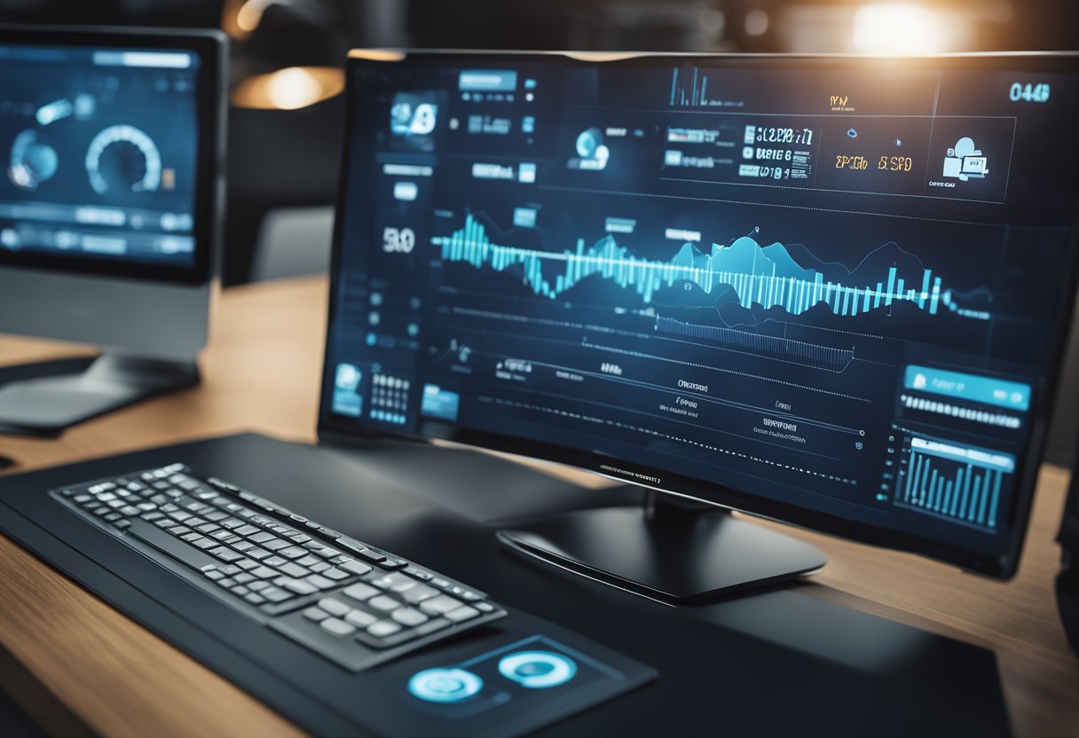 A computer screen displays the FunnelCockpit marketing tools with various icons and options for online business