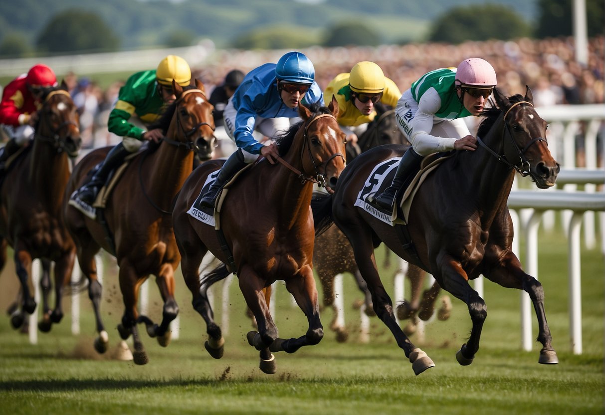 Horses galloping around the track at Glorious Goodwood, with a grandstand full of spectators cheering on the thrilling racing events
