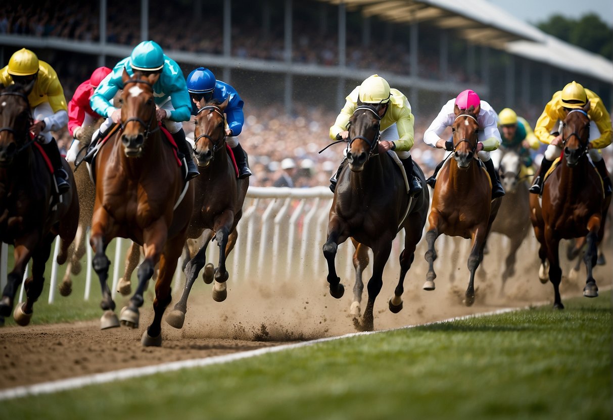 Horses thunder down the track at York Ebor Festival, jockeys urging them on towards the finish line. The crowd roars with excitement as the intense competition unfolds