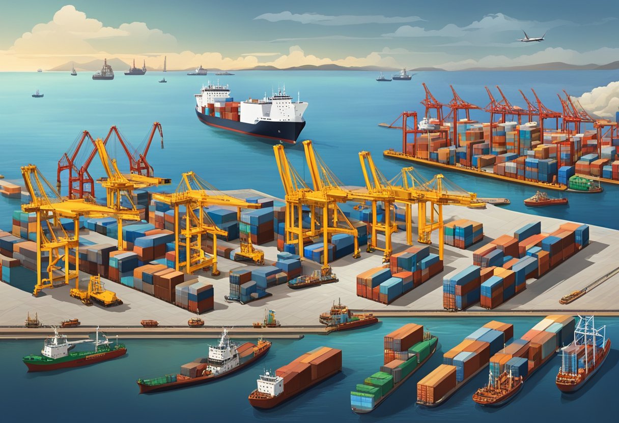 A bustling port with ships loading and unloading cargo, cranes moving containers, and trucks transporting goods. The ocean stretches out in the background, with ships coming and going