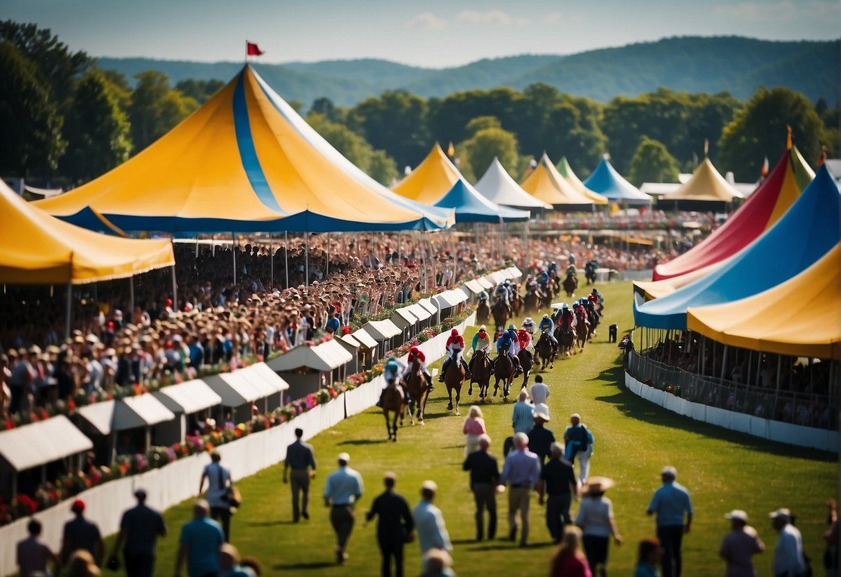 A bustling racecourse with vibrant flags, excited crowds, and elegant horses parading around the track. The sun shines down on the colorful tents and booths, creating a festive atmosphere