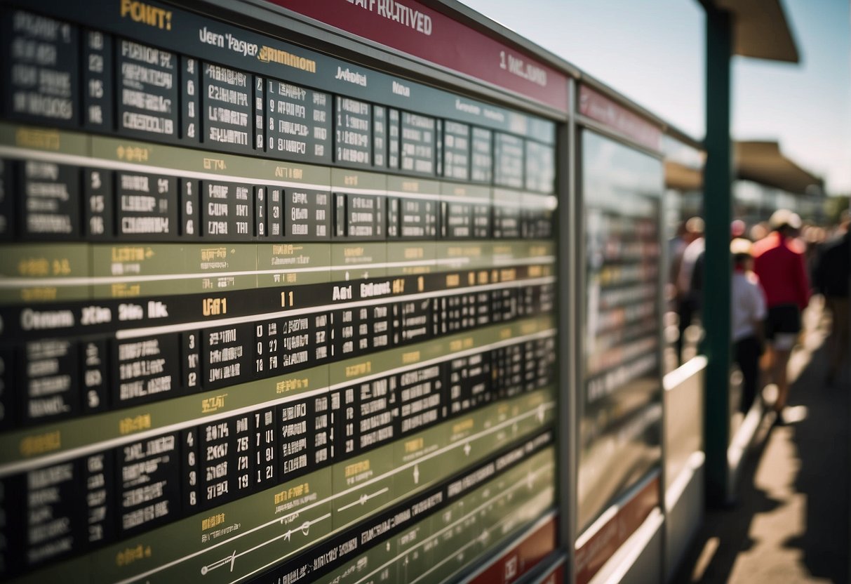 The St Leger Festival racing schedule and format guide displayed on a vibrant, crowded bulletin board at the bustling racecourse